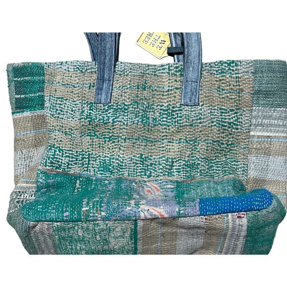 NEW FREE PEOPLE WE THE FREE BLUE GREEN SASHIKO TOTE BAG - Picture 8 of 13